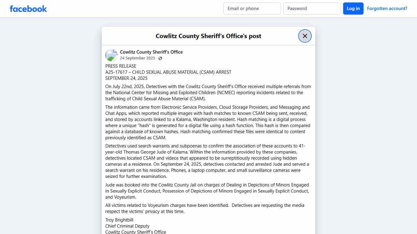 PRESS RELEASE A25-17617... - Cowlitz County Sheriff's Office Facebook