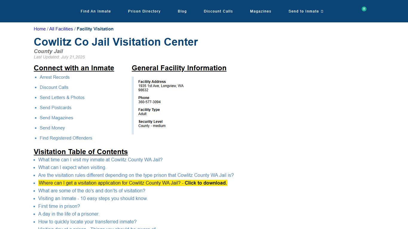 Cowlitz County WA Jail Visitation, dress code & visiting hours